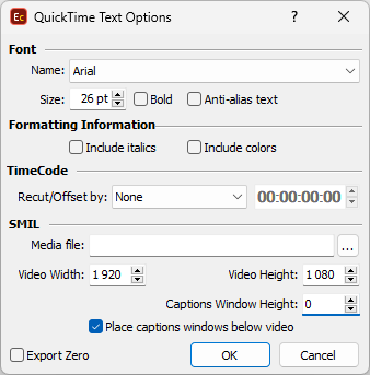  QuickTime Text Export Settings