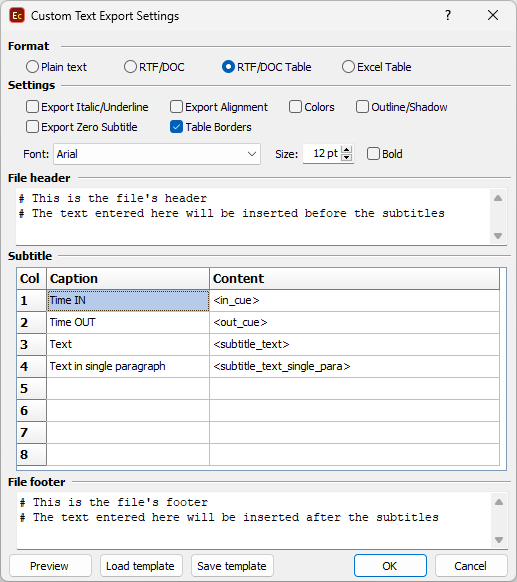  Custom RTF, DOC or DOCX with tables configuration 