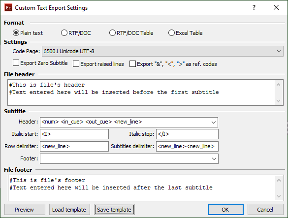  Custom Text export configuration