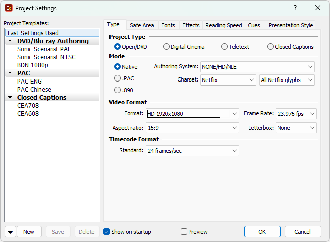   Project Settings - Type Page