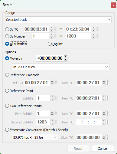  Recut Subtitles dialog