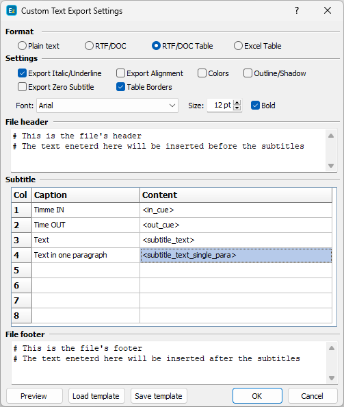  Custom RTF, DOC or DOCX with tables configuration 