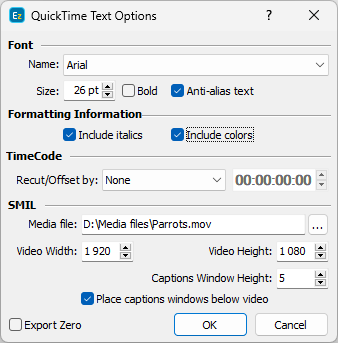  QuickTime Text Export Settings