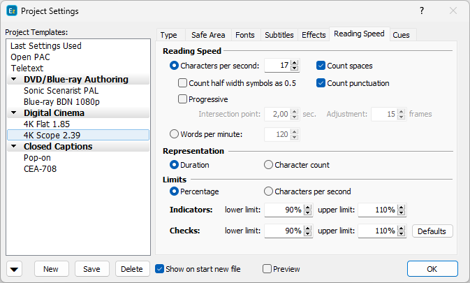  Project Properties – Reading Speed Page